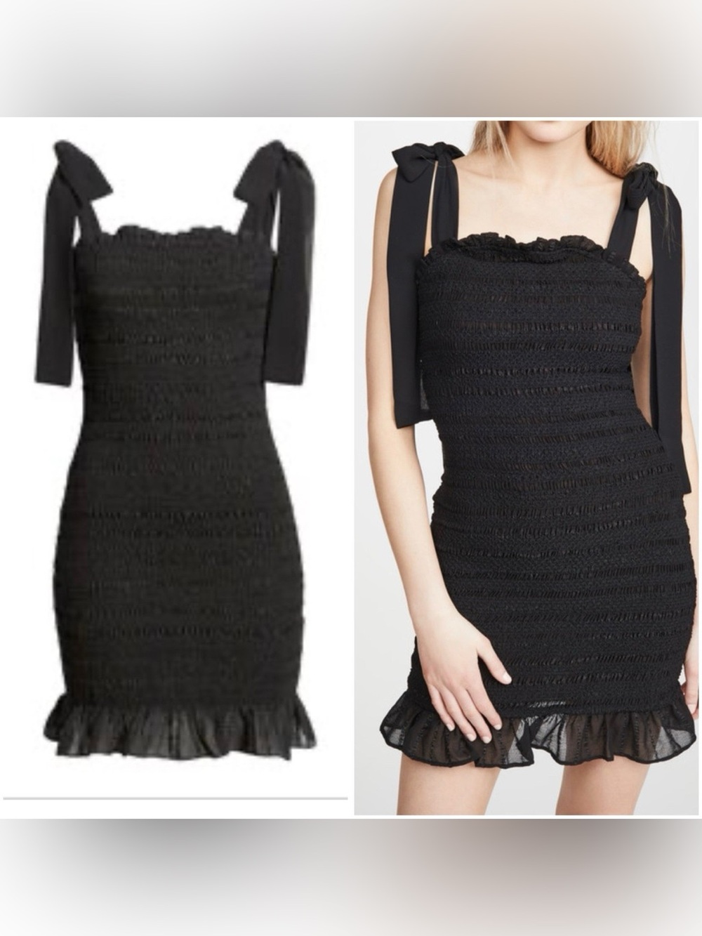 Endless Rose Black Smocked Mini Dress Bow Tie Straps Ruffle Hem